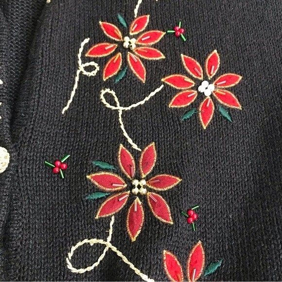 Bobbie Brooks Holiday Ugly Christmas Black Red Gold Poinsettia Vest Size Large - Picture 4 of 14